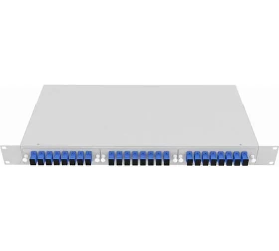Кросс стоечный оптический VIMCOM 19'' укомплектованный 1U, 24 порта SC/UPC, 9/125 мкм (планки, сплайс-кассета, пигтейлы, адаптеры, КДЗС), серый