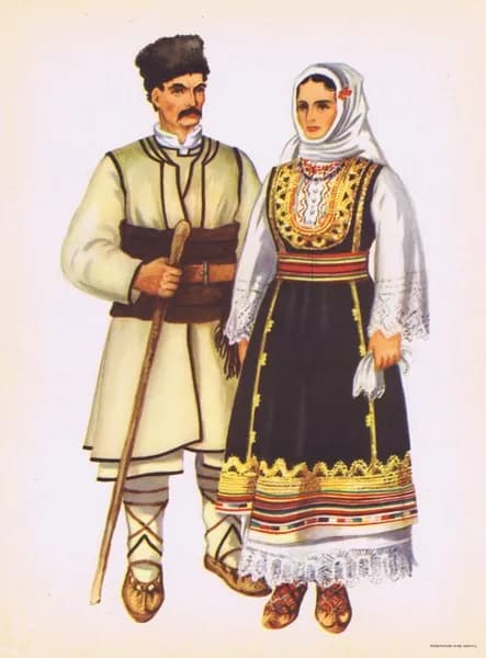 Сербский народный костюм (Црна Трава). Владимир Кирин. Антикварная хромотипия. Югославия, 1954 год