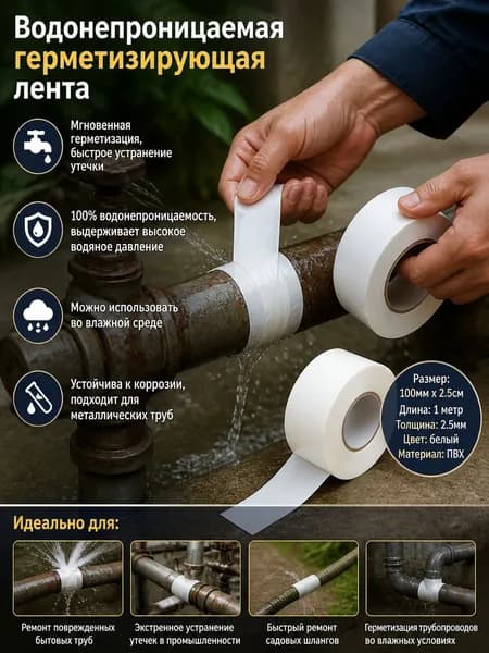 Лента герметизирующая для труб и шлангов, 100х2.5см-водостойкий уплотнительный герметик от протечек,ремонт сантехники без остановки воды