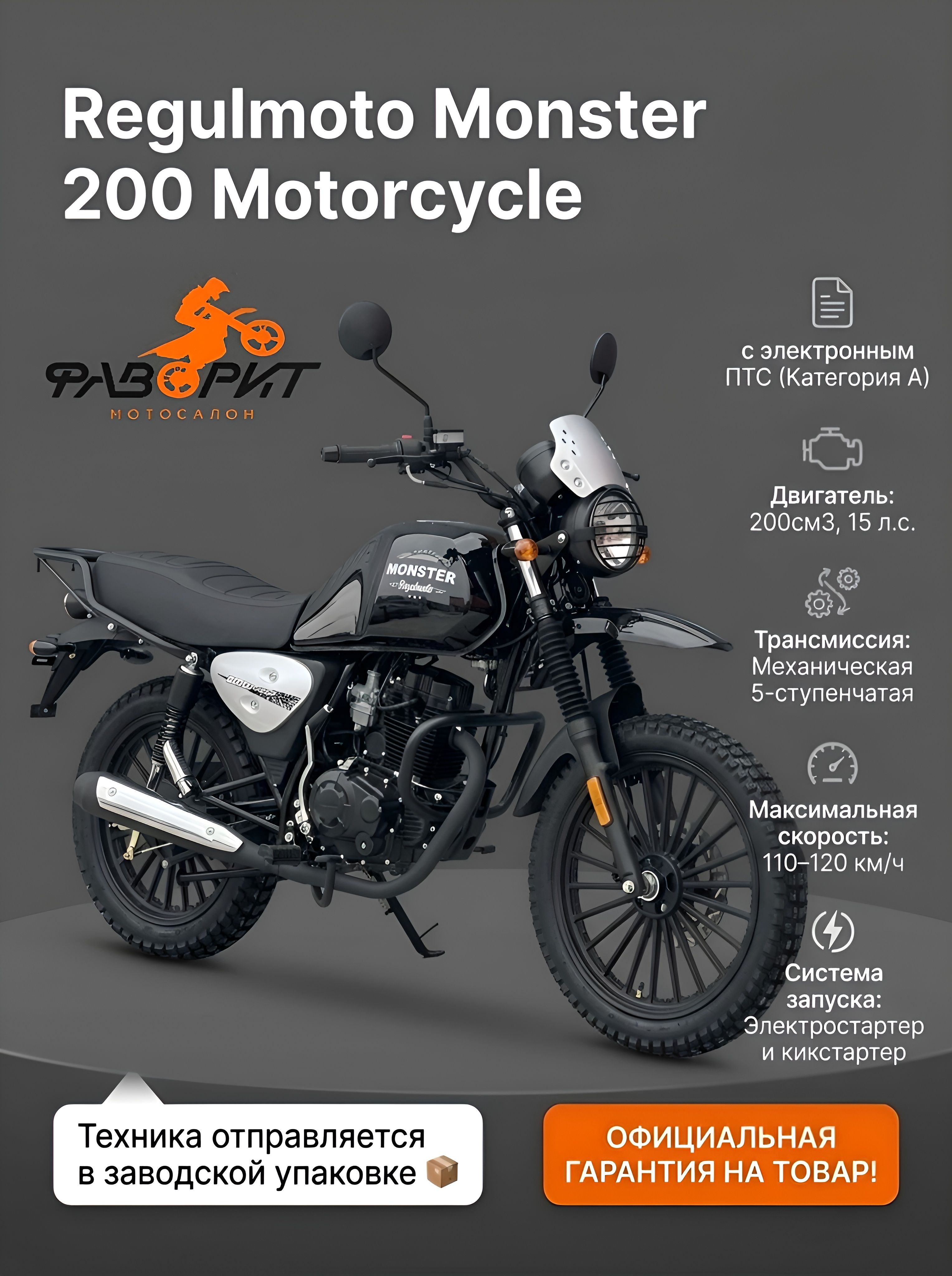 Мотоцикл Regulmoto Monster 200 Черный с ПТС