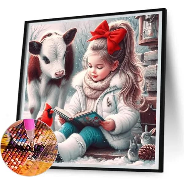 Диамантная картина Девочка с книгой и коровой 30 30 см, 5D, из смолы