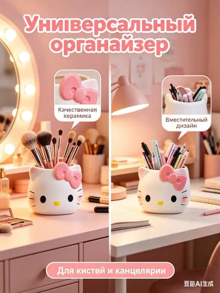Органайзер настольный, керамическая подставка-стаканчик белый котик,для кистей косметики и канцелярии.