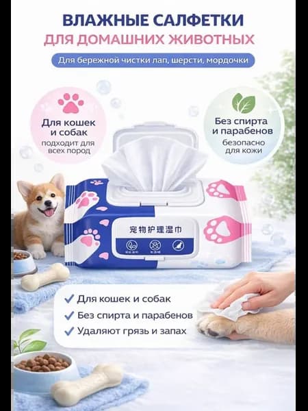 Салфетки влажные очищающие для лап собак после прогулки