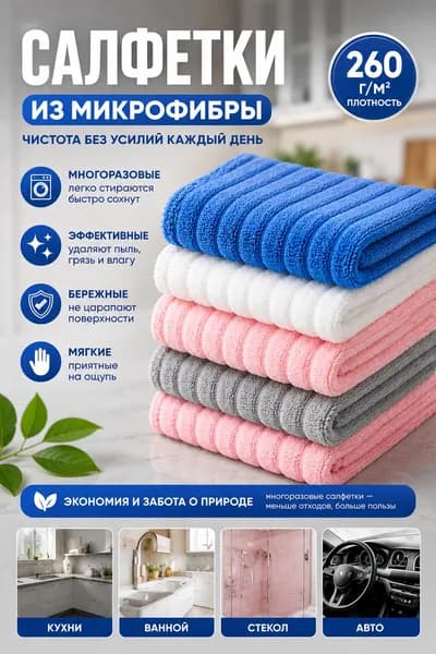 Салфетки для уборки микрофибра универсальные , разноцветные, 30х30 см, 5 шт.