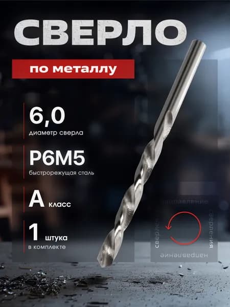 Сверло по металлу левое 6,0 мм Р6М5 ( кл. А ) ВИЗ