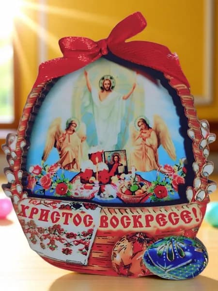 Магнит Пасхальный /ХРИСТОС ВОСКРЕСЕ/ объёмный, многослойный, деревянный с рельефом
