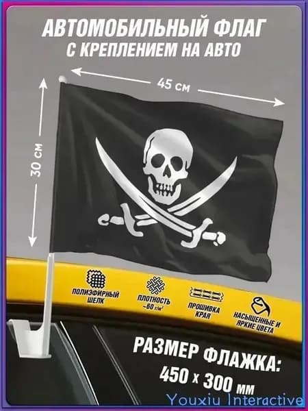 Автомобильный флаг Пиратский с креплением / флаг Веселый Роджер на авто / 30x45 см.