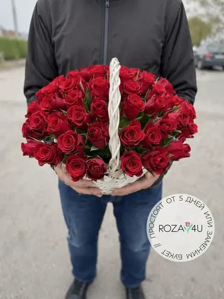 Букет живых цветов 51 красная роза в корзине