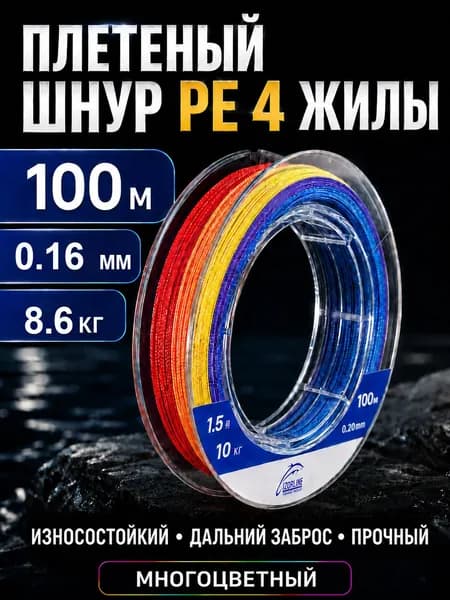 Плетеный шнур PE для рыбалки 4-жильный, 100 м, #1.0, 0.16 мм, 8.6 кг, многоцветный, смена цвета каждые 10 м
