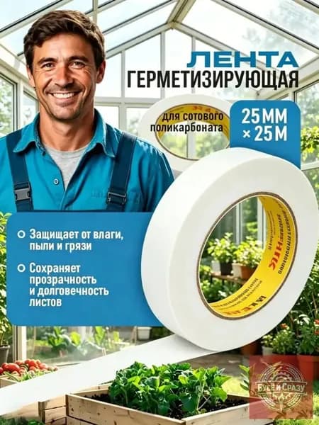Герметизирующая самоклеящаяся лента для поликарбоната 25мм 25м, качественный барьер от пыли и влаги, прозрачность листов сохраняется, 1 штука