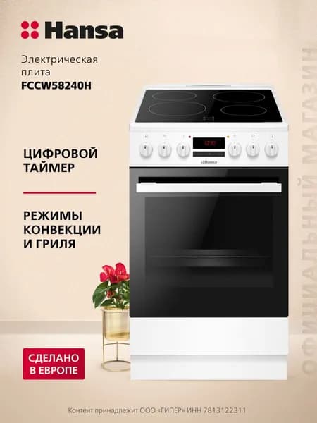 Электрическая плита с электрической духовкой Hansa FCCW58240H, белый, 62 л, 8700 Вт, гриль, конвекция, рецепты на дверце, 8 режимов Уцененный товар