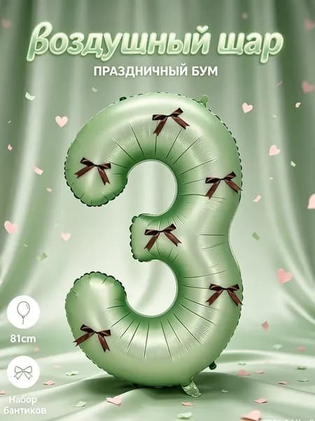 Большой мятно-зеленый фольгированный цифровой шар 81 см, цифра 3 с коричневыми бантиками, универсальный праздничный декор для дней рождения и юбилеев
