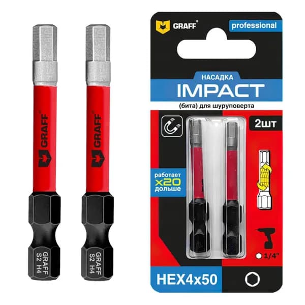 Бита Impact HEX 4*50 мм, 2 шт в блистере, Expert GRAFF