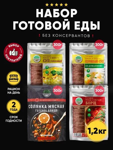 Кронидов набор из 4 готовых блюд: Суп гороховый, Куриный суп по-домашнему, Солянка, Борщ