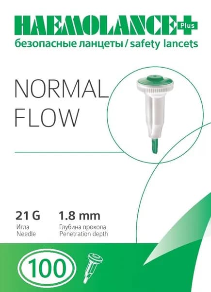 Ланцеты автоматические Haemolance Plus Normal Flow, игла 21G (0,8 мм), глубина прокола 1,8 мм - 100 шт.