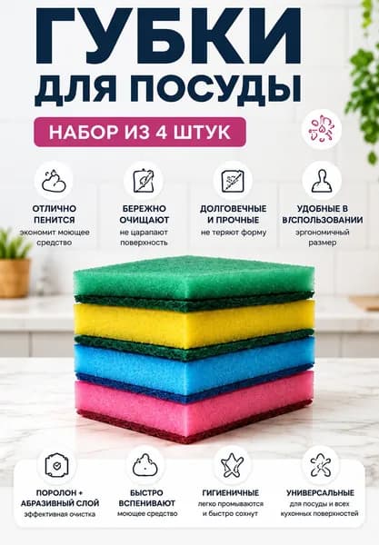 Хакаскосметика Губка для посуды, Поролон, Пенополиуретан, 4 шт.