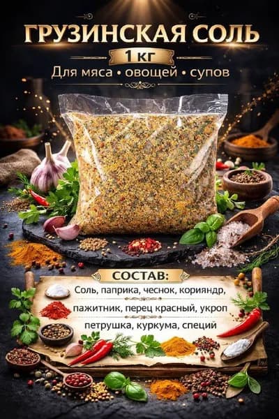 Соль Грузинская 1 кг с луком пореем и чесноком, кориандр куркума паприка, приправа универсальная для мяса овощей супов