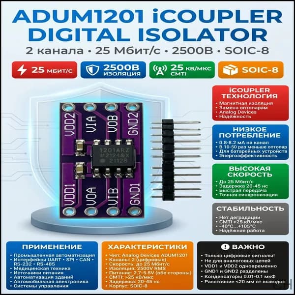 ADUM1201 Модуль цифрового изолятора (Магнитная изоляция для SPI/CAN/UART)