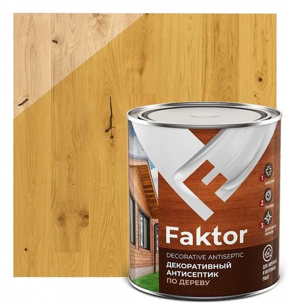 Антисептик FAKTOR декоративный для защиты и тонирования древесины 3 в 1 сосна, банка 0,6 кг.