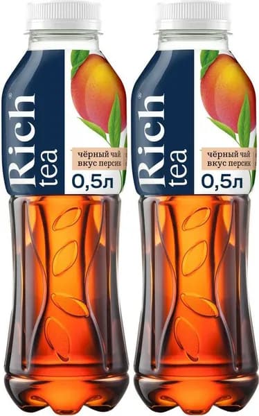 Холодный чай Rich черный с персиком 0,5 л, комплект: 2 бутылки по 0.5 л