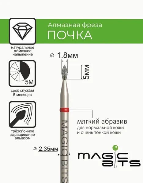 Magic Bits Фреза Алмазная почка 1.8 мм с натуральным напылением МЯГКОГО абразива