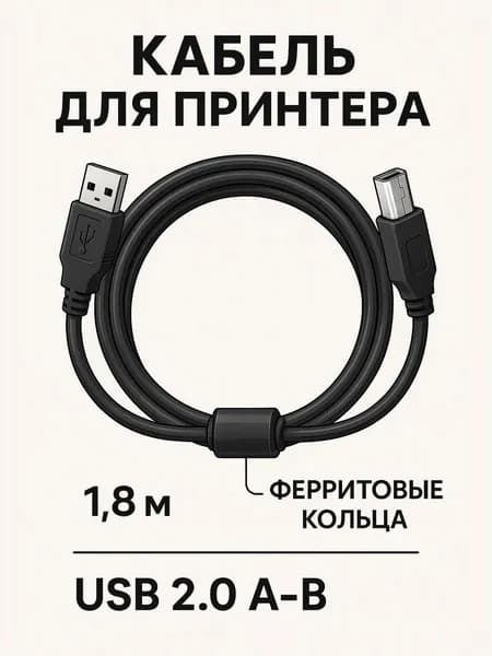 Кабель для принтера, МФУ USB 2.0 USB AB 1.8м черный с ферритовым кольцом