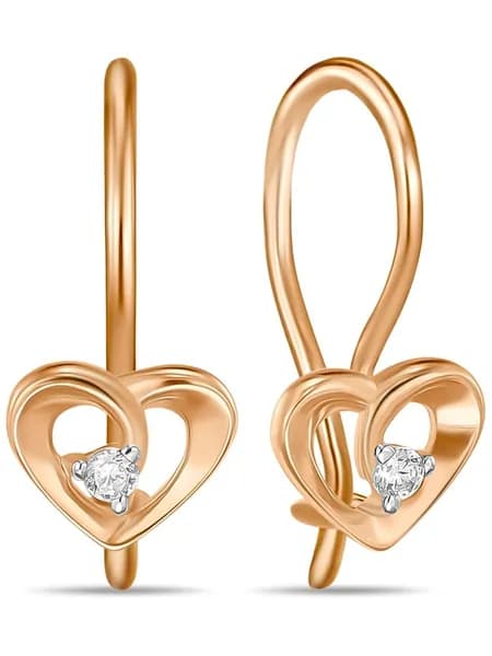 MIUZ Diamonds Серьги детские из красного золота сердечки с фианитами