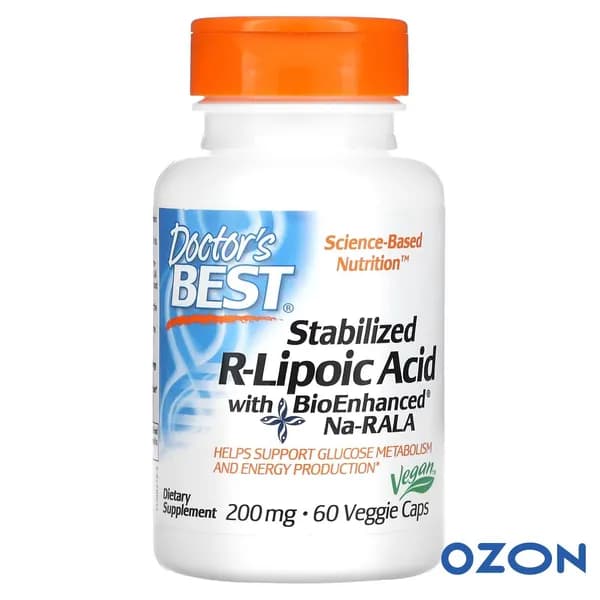 R Липоевая кислота 200мг (АЛА) стабилизированная R-Lipoic Acid (R-ALA) 200 мг, 60 вегетарианских капсул