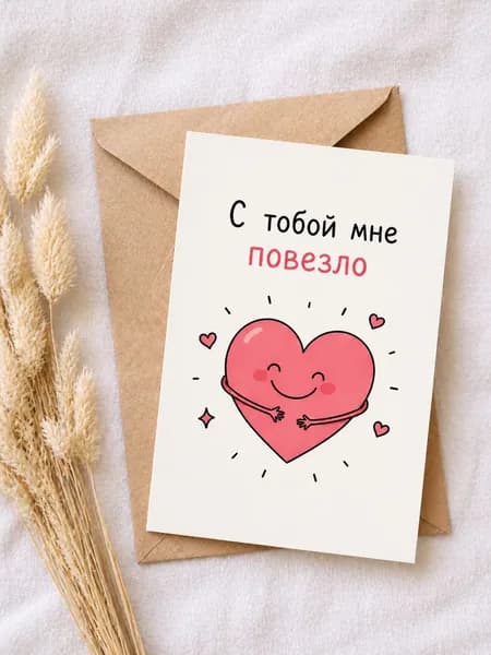 Открытка "С тобой мне повезло" А6 (10х15) с конвертом, романтическая открытка любимому человеку