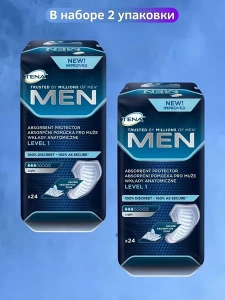 Tena Men мужские Level 1 Light Прокладки урологические для мужчин 3 капли, Тена 300 мл, 24 шт * 2 упаковки