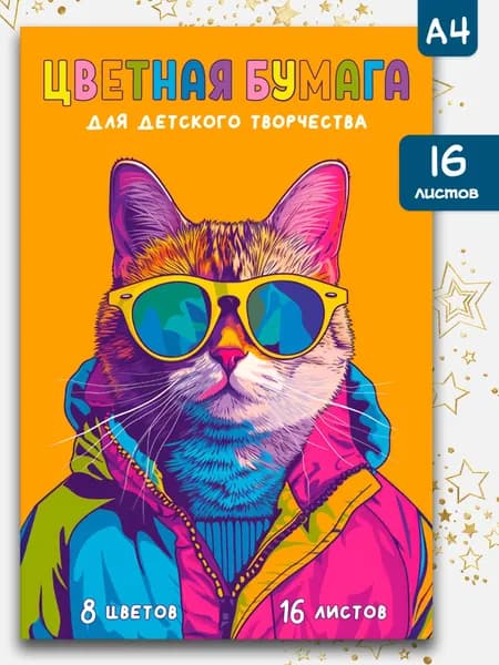 Цветная бумага "ЯРКИЙ КОТ", А4, мягкий переплёт (2 скобы), мелованная бумага 120 г/м2, 16 л.