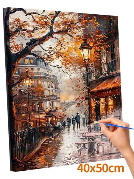 Картина по номерам Без рамки 40x50cm,цветной холст - Дождливая улица