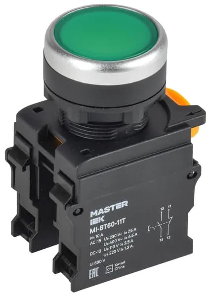 Кнопочный пост IEK MASTER, с фиксацией, диаметр 22 мм, 1NO+1NC, зелёный