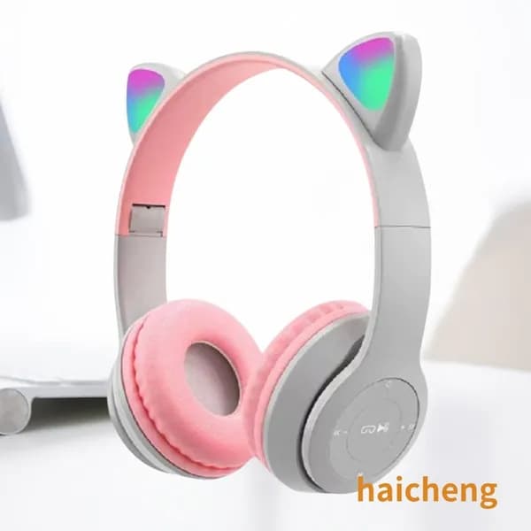 Беспроводные Bluetooth-наушники с подсветкой в виде кошачьих ушей, серые