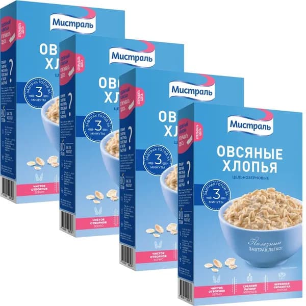 Хлопья Мистраль Овсяные Цельнозерновые, 400 г *4 шт