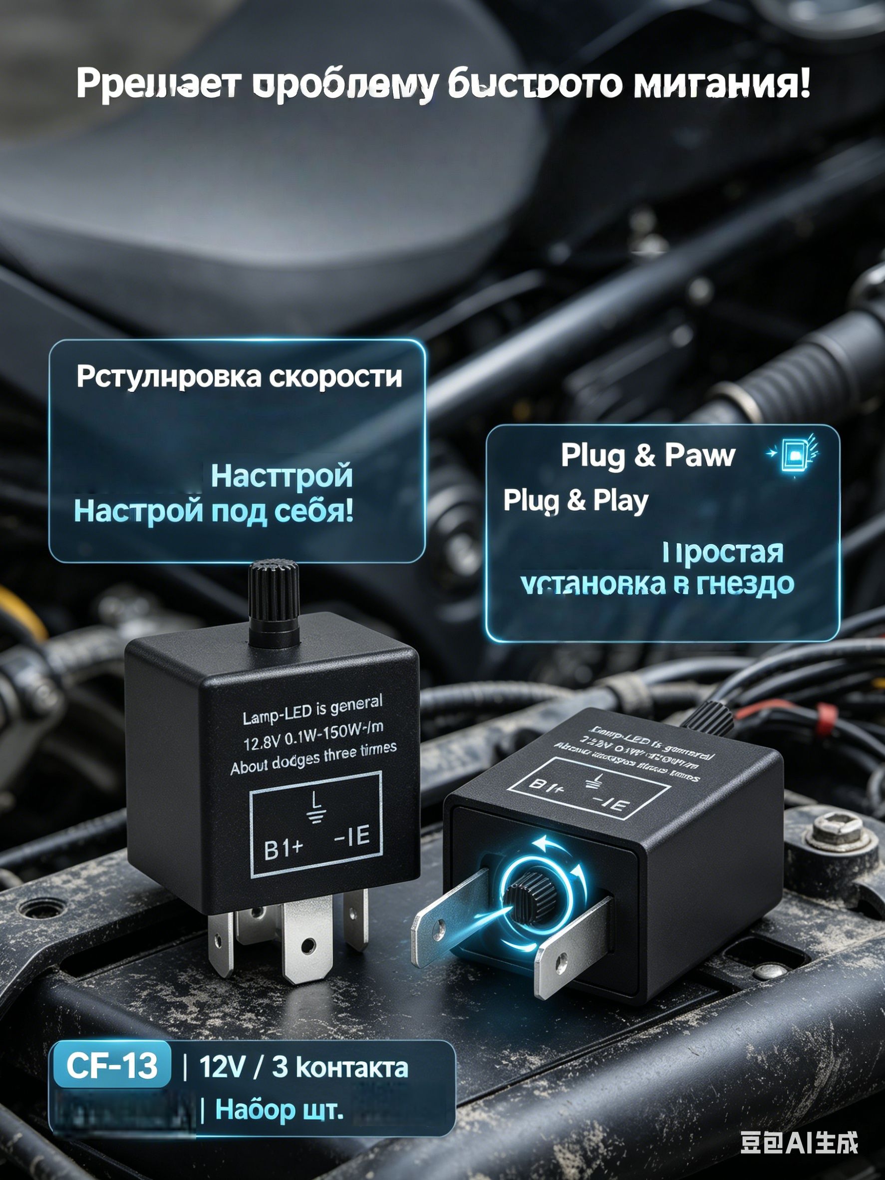 Реле поворотов светодиодное, CF-13 12В 3 контакта-регулируемое реле поворотников для LED ламп,прерыватель от быстрого мигания на мотоцикл и авто.