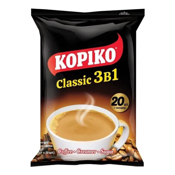 Кофейный напиток Kopiko 3 в 1 Classic 400 г 20 г х 20 шт