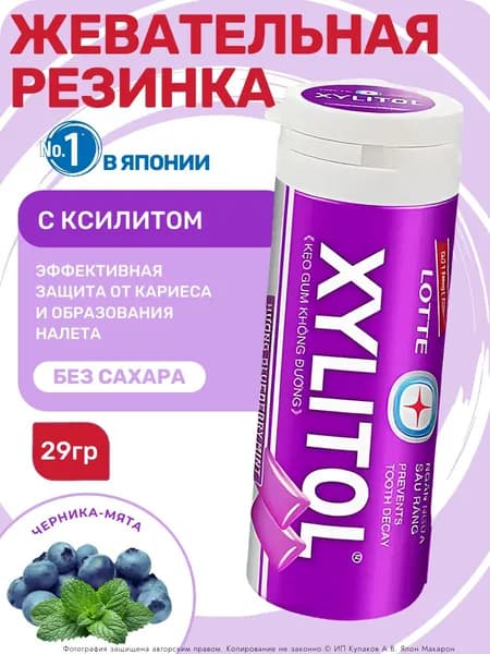 Жевательная резинка без сахара XYLITOL ЧЕРНИКА-МЯТА Lotte 29гр