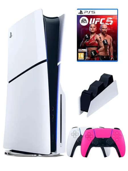 PS5 (ПС5) Игровая приставка Sony PlayStation 5 Slim +2-й геймпад(розовый)+зарядное+игра UFC 5, 1000ГБ