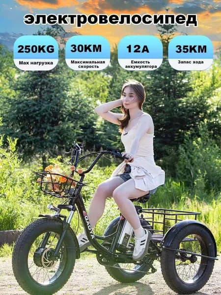 Электрический трехколесный велосипед DD20-BK (толстые шины), 7-скоростной, 500 Вт, дисковый 20", подходит для всех сезонов