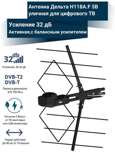 Антенна ДЕЛЬТА Н118А.F5V для цифрового ТВ DVB-T2 уличная, активная