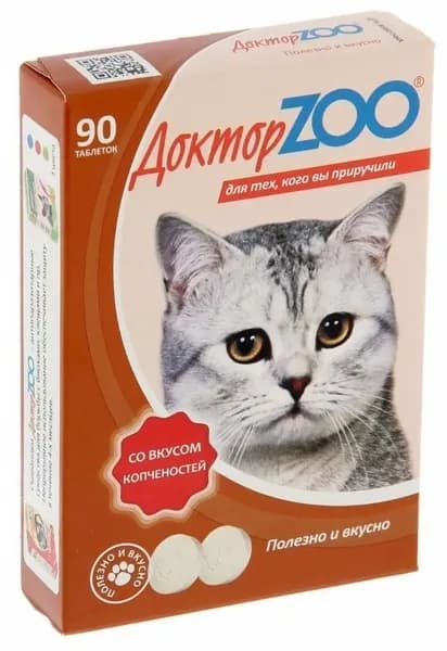 Доктор Zoo Мультивитаминное лакомство для кошек со вкусом копченостей, 90 табл