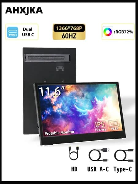 AHXJKA 11.6" Монитор (S116-768-P), TN, 1366x768 HD, 60 Гц, черно-серый