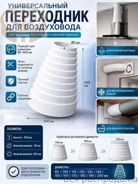 Переходное кольцо для вытяжки (редуктор), усиленное, для вытяжной трубы, нержавеющая сталь, диаметр 80-200 мм, 1 шт