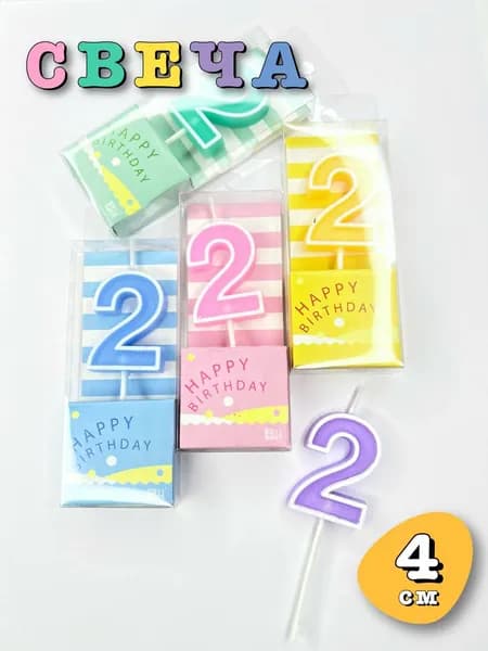 Свечка для торта цифра 2 розовая для девочки, 1 шт
