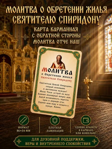 Двусторонняя ламинированная карточка Молитва об обретении жилья Спиридону Тримифунтскому и Отче Наш, оберег, 95х65 мм