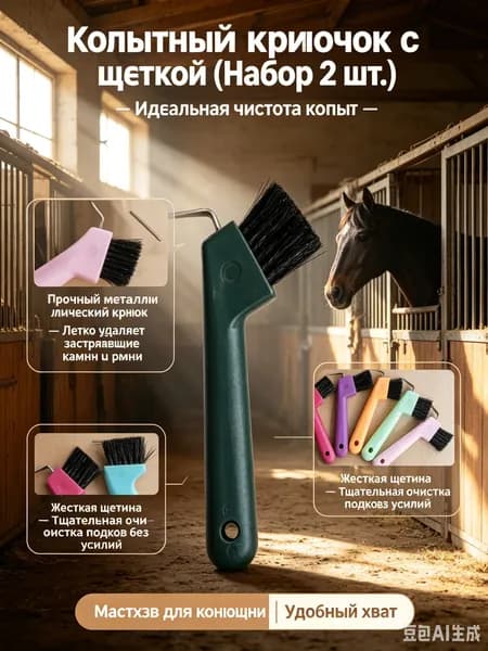 Крючок для копыт лошади с щеткой, набор 2 шт - инструмент для чистки подков, принадлежности для конюшни и ухода за животными