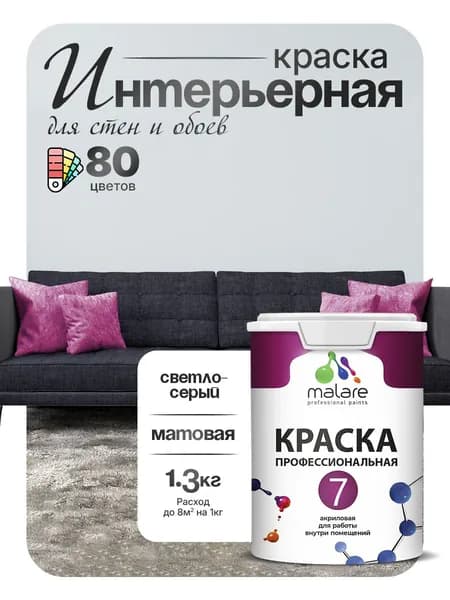Краска Malare Professional Euro №7 интерьерная для стен и обоев, для потолка, акриловая, быстросохнущая, без запаха, матовая, светло-серый, (1л - 1.3кг)