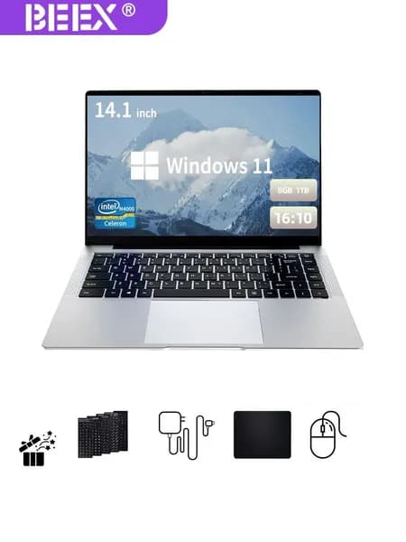 BEEX ноутбук,нетбук для работы и учебы Ноутбук 14.1", Intel Celeron N4000, RAM 8 ГБ, SSD 1024 ГБ, Intel UHD Graphics 600, Windows Pro, серебристый, Русская раскладка