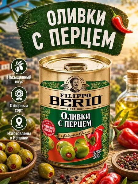 Оливки без косточек фаршированные с перцем 300г Filippo Berio